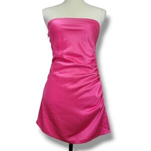Meshki Pink Satin Strapless Ruched‎ Bodycon Mini Dress Small